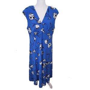 Evan Picone Black Label Floral Knee Length Dress V-Neck Sleeveless Blue Size 14